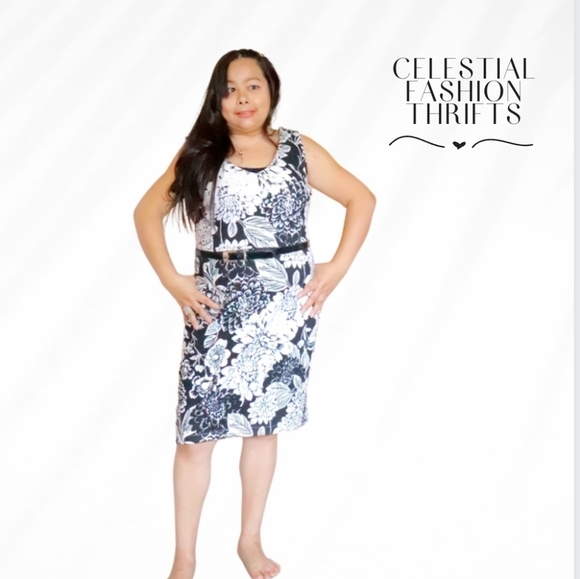 GEORGE WOMENS MEDIUM MIDI DRESS BLACK. & WHITE FLORAL WIITH BUCKLE - Picture 5 of 5